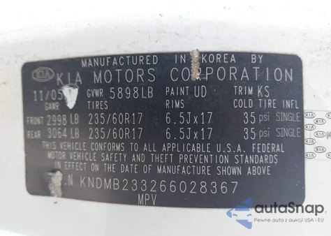 2006 Kia Sedona Ex/Lx z USA, uszkodzony, nr VIN KNDMB233266028367